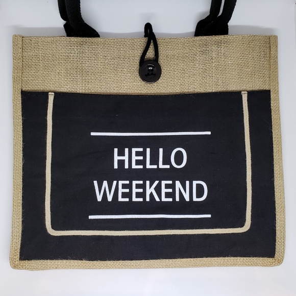 NWT "Hello Weekend" Large Black & Burlap Woven Tote - Picture 4 of 6